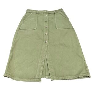 Michael Kors Olive Green Button Front Midi Denim Skirt‎ Gold Buttons Size 8